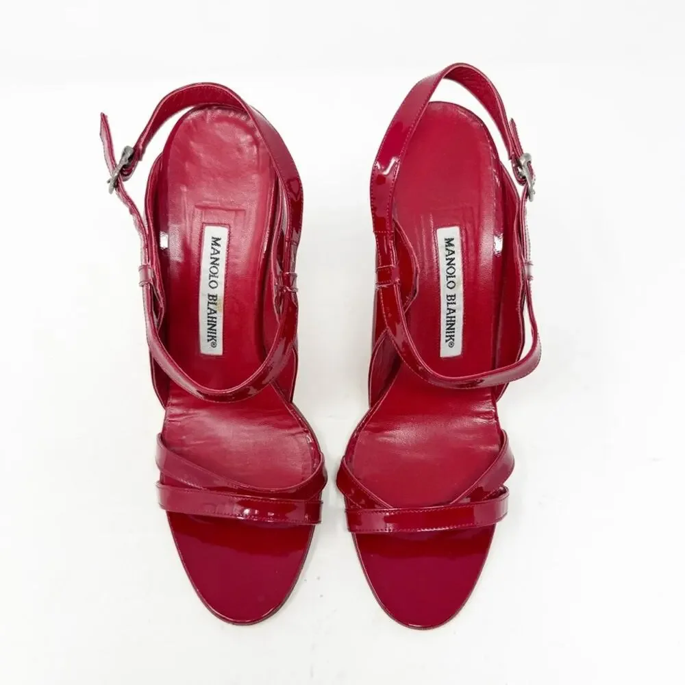 Manolo Blahnik Dodo Red Patent Leather Strappy Sandal Heels Womens Size EU 38.5